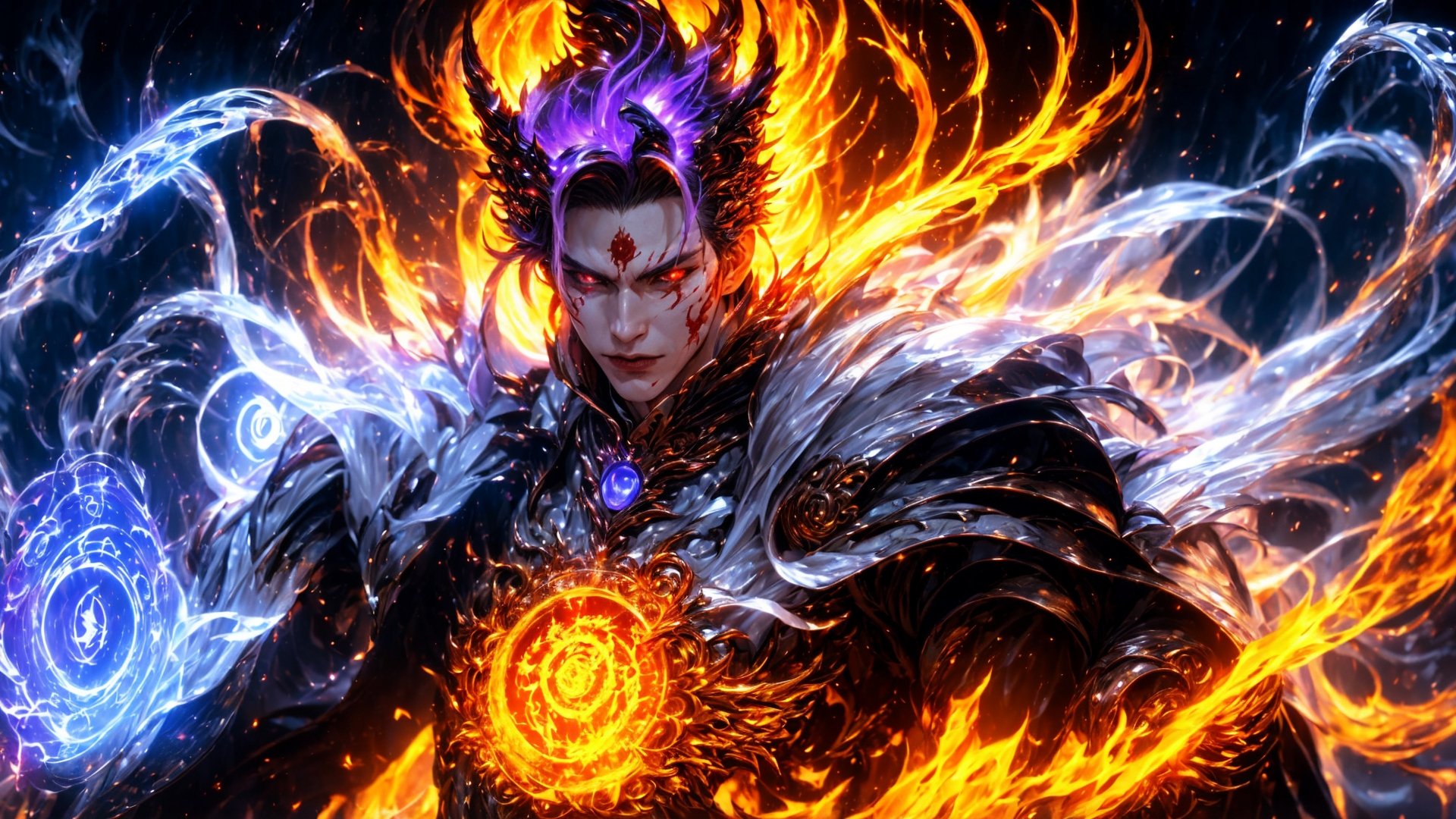 Messimo of Ellen Ring, Generate an image of mysterious wuxia demigod semi devil, sharp eyes, fire around his body, emitting countless strands of Violet Qi throughout wizard's body. A brutally powerful aura appeared within his physical body and grew more powerful, his Spiritual Sense expanded, and most obviously, the Blood Clone and the Blood Death World he was within slowly began to grow stronger, dynamic pose, masterpiece, fantasy, intricate details, very high quality, 4k, high_resolution, sharp focus, vivid color, magic, qi, cakra,  cinematic front lighting, front light,  Ethereal background,Kamehameha,