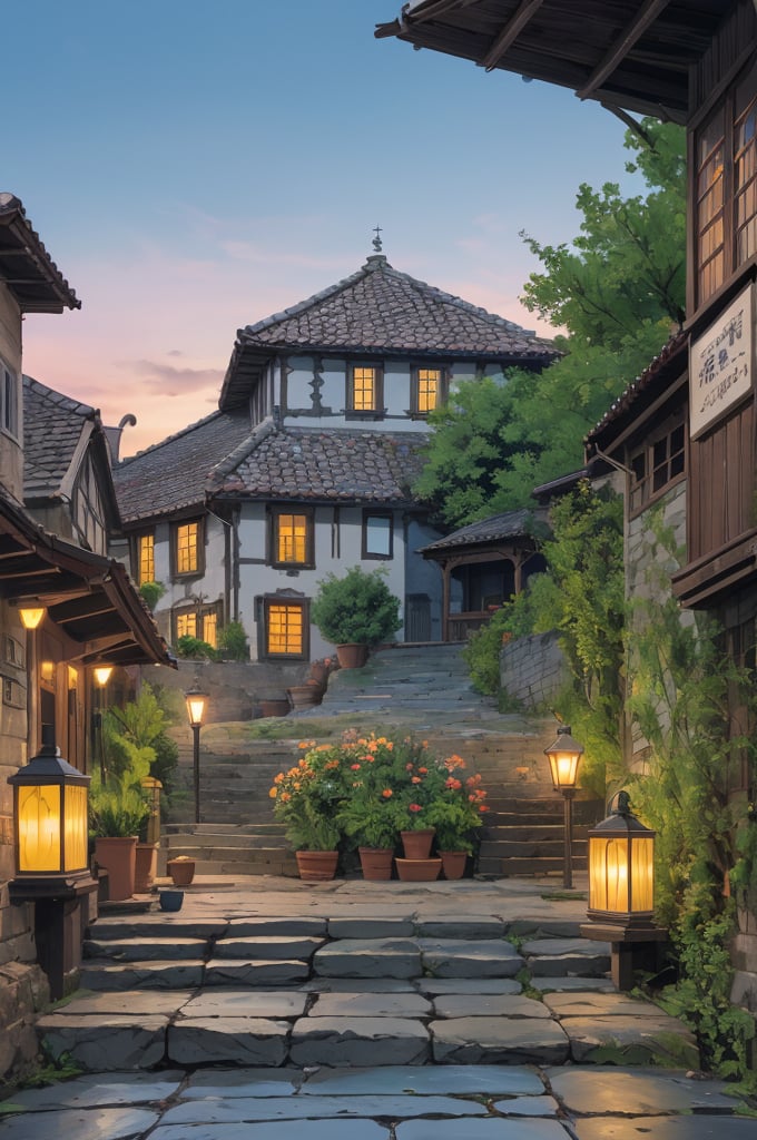 a picturesque village or ancient city . The first light of day illuminates the stone facades and worn tiles of the houses and buildings, some of which date back centuries. At the center of the scene, a cobblestone square leads to an open-air market that begins to come to life, with vendors setting up their stalls selling fruits, vegetables, flowers and local crafts. The narrow, winding streets are lined with old lanterns, now unlit, while lazy cats lounge on the stone steps. In one corner, an ancient fountain, adorned with weathered carvings, murmurs softly, adding to the tranquil atmosphere. In the background, the towers of an ancient cathedral rise, capturing the first rays of sunlight that paint the sky in soft pinks and oranges. This image should convey a sense of tranquility, beauty and a deep connection to the past, celebrating the rich history and timeless charm of the ancient village or town,TreeAIv2,Studio Ghibli,LOFI,huge cats,cute cats,