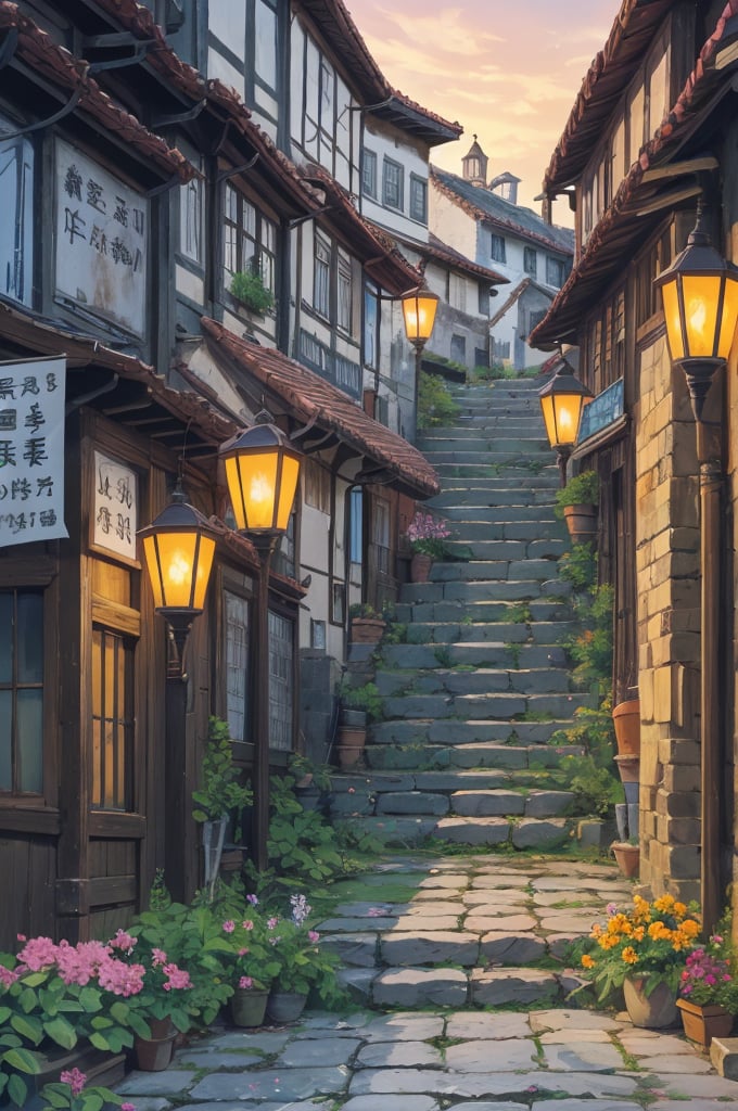 a picturesque village or ancient city . The first light of day illuminates the stone facades and worn tiles of the houses and buildings, some of which date back centuries. At the center of the scene, a cobblestone square leads to an open-air market that begins to come to life, with vendors setting up their stalls selling fruits, vegetables, flowers and local crafts. The narrow, winding streets are lined with old lanterns, now unlit, while lazy cats lounge on the stone steps. In one corner, an ancient fountain, adorned with weathered carvings, murmurs softly, adding to the tranquil atmosphere. In the background, the towers of an ancient cathedral rise, capturing the first rays of sunlight that paint the sky in soft pinks and oranges. This image should convey a sense of tranquility, beauty and a deep connection to the past, celebrating the rich history and timeless charm of the ancient village or town,TreeAIv2,Studio Ghibli,LOFI,huge cats,cute cats,