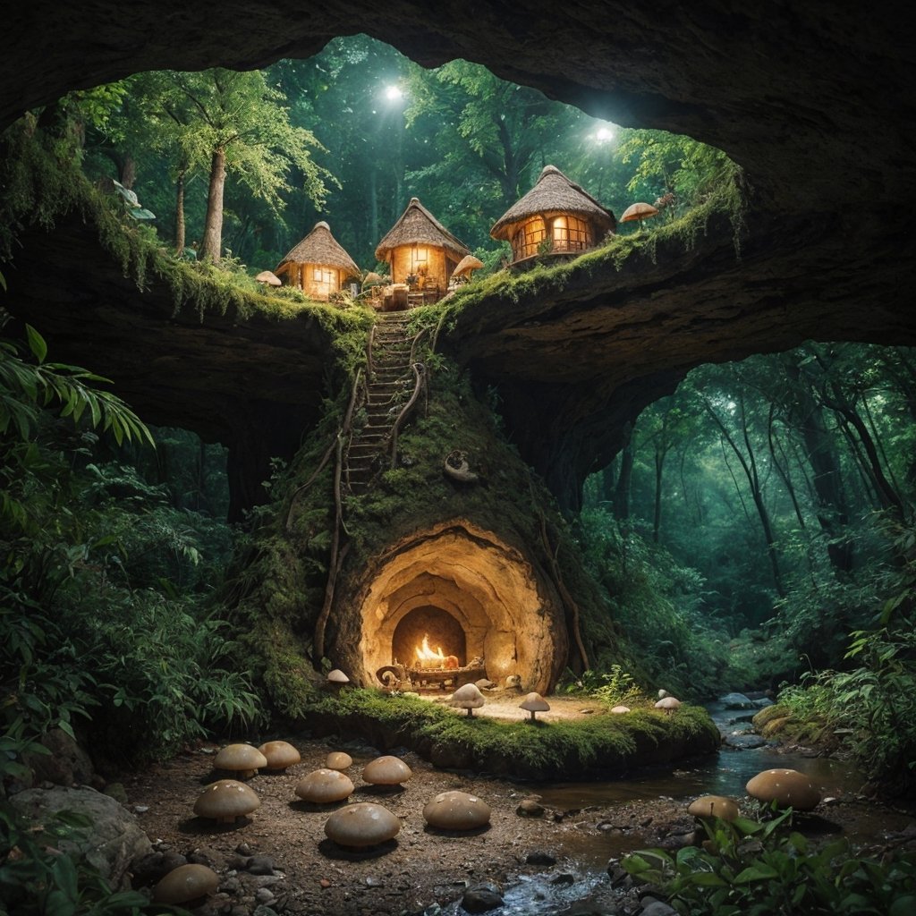 colorful Masterpiece,lights, photorealistic, night inside green forest cave, rich colors, saturated colors, amazing plants, gigantic mushroom, gnome house inside mushroom, enter in the mushroom, green colors, small river, gigantic mushrooms world, nature photography,High detailed ,photorealistic, perfect, more detail, Nature,((Warmth)),many houses, 