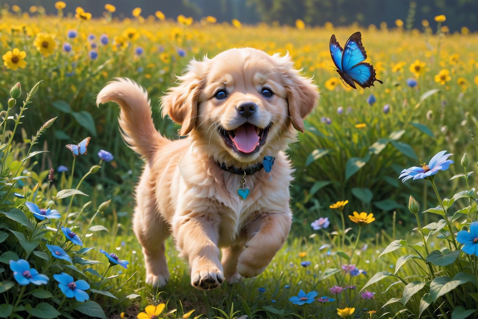 A fluffy golden retriever puppy, no bigger than a teacup, playfully chases a vibrant blue morpho butterfly through a field of wildflowers. The puppy's tongue lolls out in excitement, and its short legs pump as it bounces through the colorful meadow.
 
