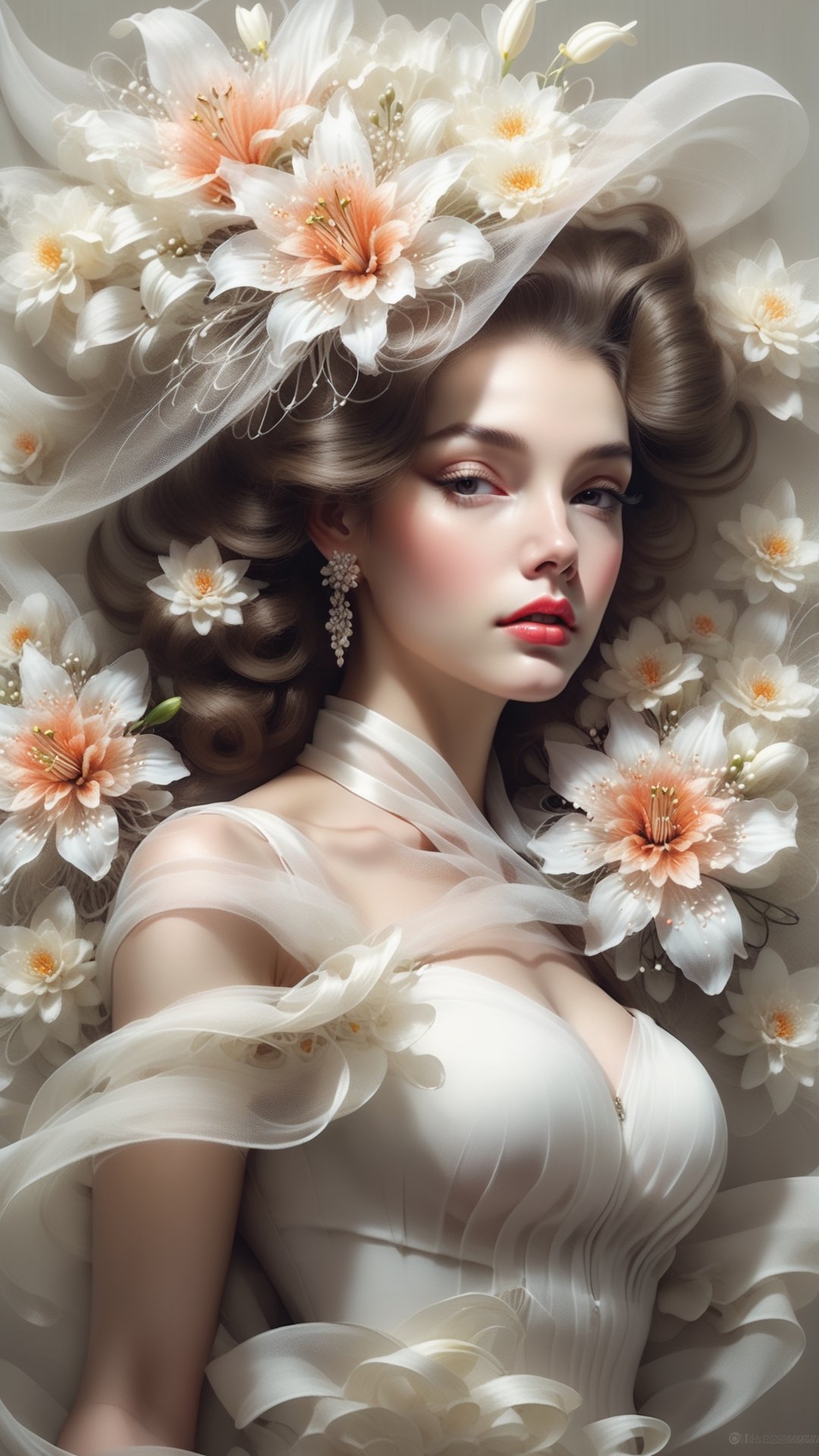 1girl, high fashion, elegant lady, voluminous earrings, sensual lips, fascinator net, impeccable style, chiffon, white theme,  professional photo, luxurious chic outfit, aesthetic, romanticism, fascinator with lily flowers, intricate details, highly detailed