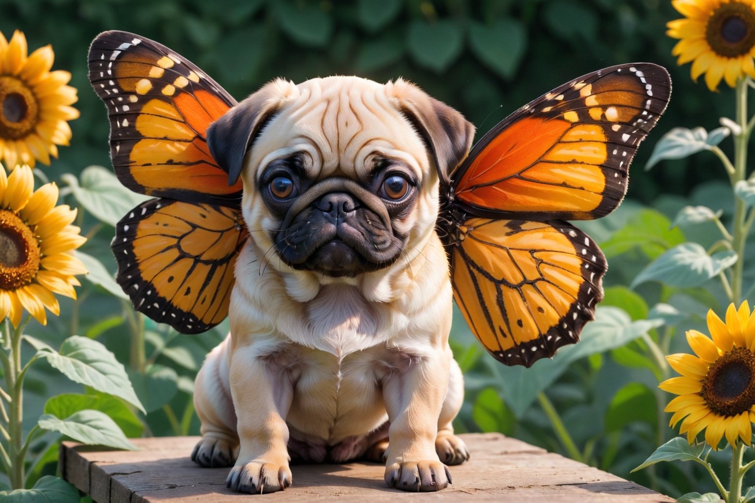 * A curious pug puppy, with its characteristic wrinkles and folded ears, investigates a giant monarch butterfly perched on a sunflower. The butterfly's large wings, decorated with orange and black patterns, dwarf the curious pup, who tilts its head in fascination.
 
