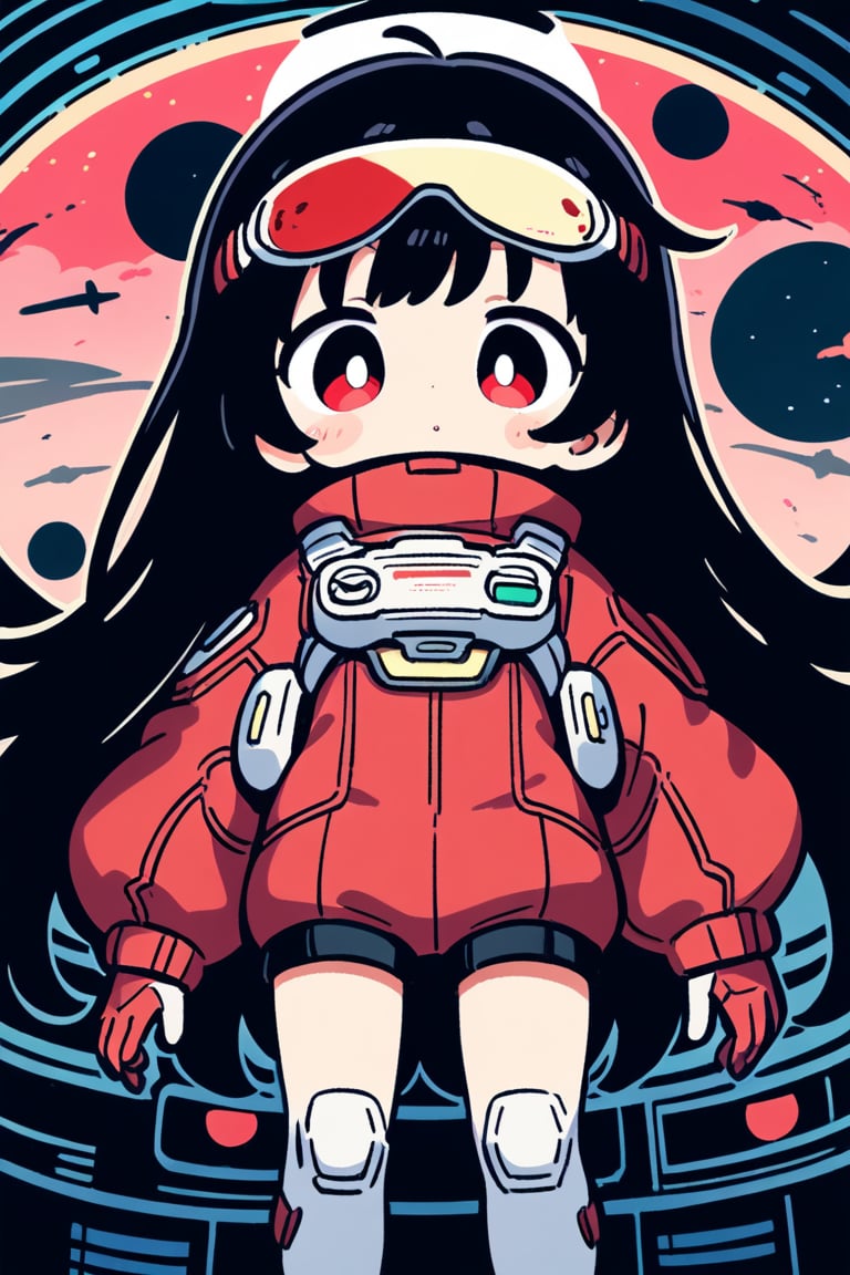 1girl, black hair, long hair, red eye, , Front View, cute style, 

five year old girl
Space equipment suit
High-tech cyberpunk style