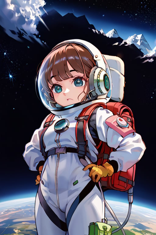 High resolution, extremely detailed, atmospheric scene, masterpiece, best quality, 64k, high quality, (HDR), HQ, cartoon, 1girl, solo, cute,
Looking at the Earth from the universe
Five-year-old girl wearing a spacesuit


High-tech space suit
High-tech space backpack

astronaut gloves
Intelligent machine-assisted arm
Handheld high-tech projection tablet,score_9,score_8_up,score_7_up,chibi,cute,(masterpiece),scenery,source_anime,(score_7_up:0.8),(score_6_up:0.8),official art,highres,BREAK