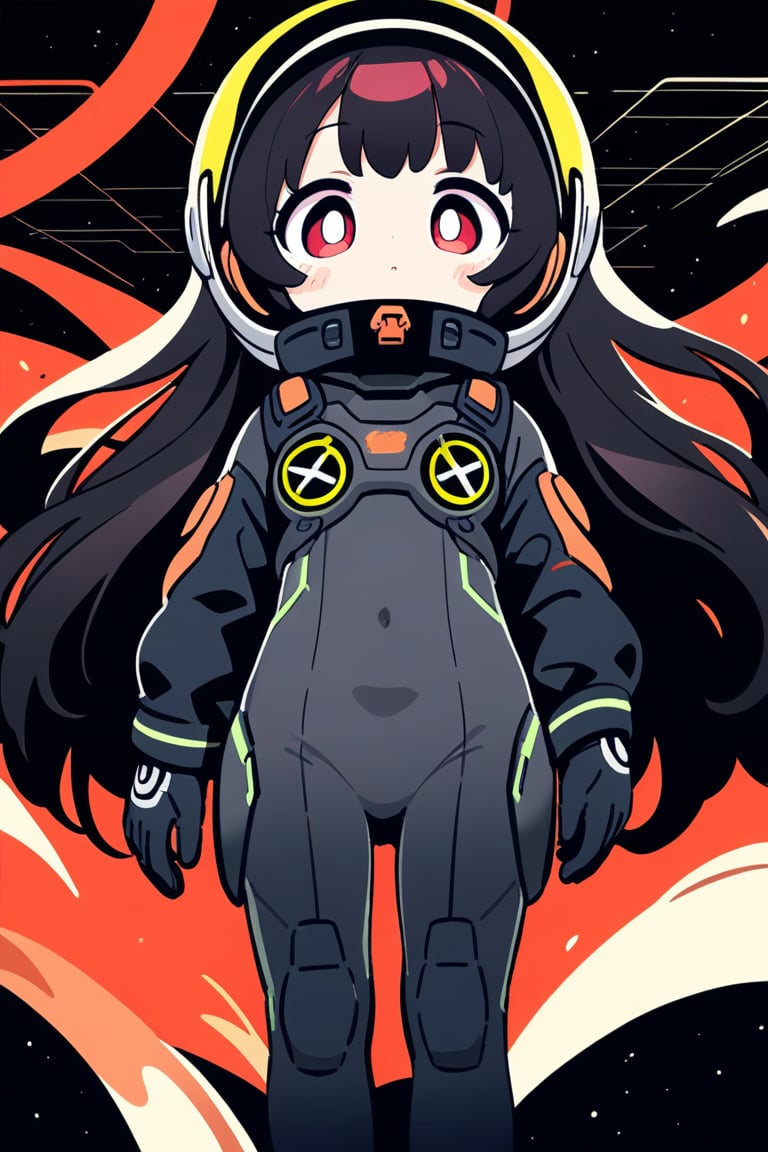 1girl, black hair, long hair, red eye, , Front View, cute style, 

five year old girl
Space equipment suit
High-tech cyberpunk style