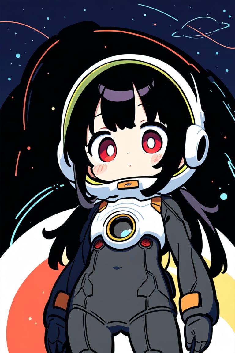 1girl, black hair, long hair, red eye, , Front View, cute style, 

five year old girl
Space equipment suit
High-tech cyberpunk style