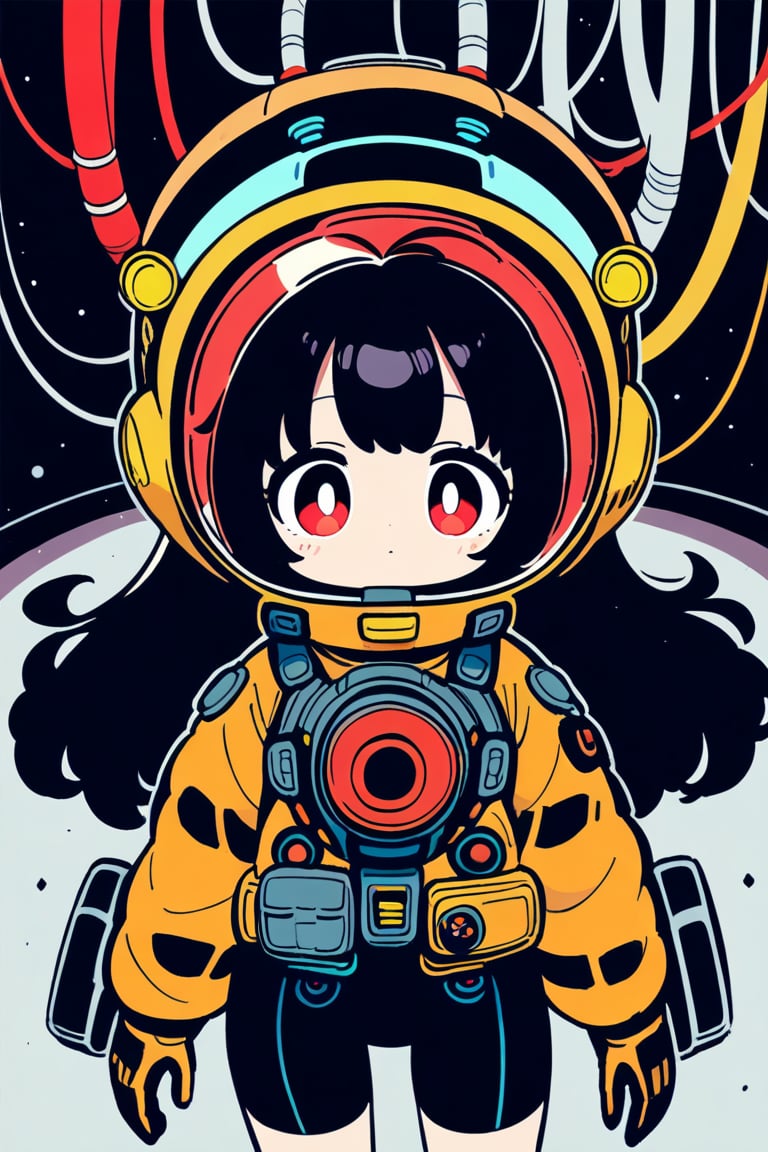 1girl, black hair, long hair, red eye, , Front View, cute style, 

five year old girl
Space equipment suit
High-tech cyberpunk style