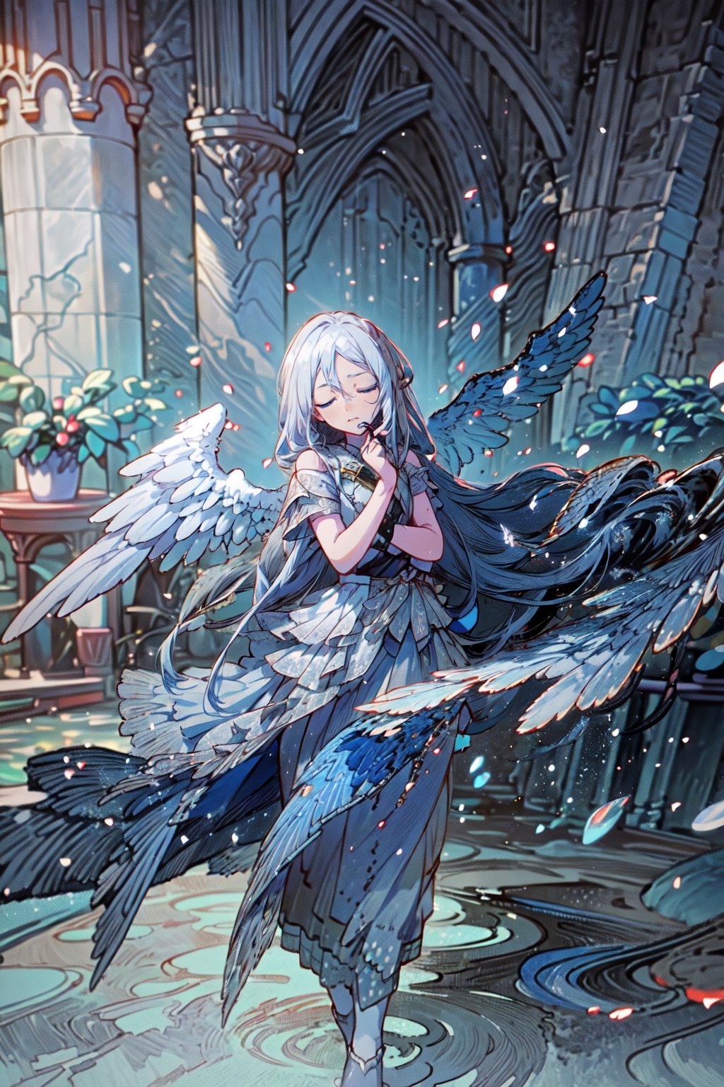 Masterpieces,  high_details, realistic, kanade, (best quality, blue eyes, grey hair, blue, Kanade, masterpiece), closed eyes, white wings, long white silk dress , beautiful courtyard setting with water, black marble floor, full_body,angel_wings, cinematic view,(best quality