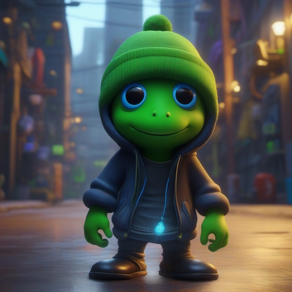 little green guy That lives in a big blue city, painted, sufficient lighting, beautiful, varities of colors, sharp focus, unreal engine,wearing a black beanie hat,jeans,hoodie, 16k UHD