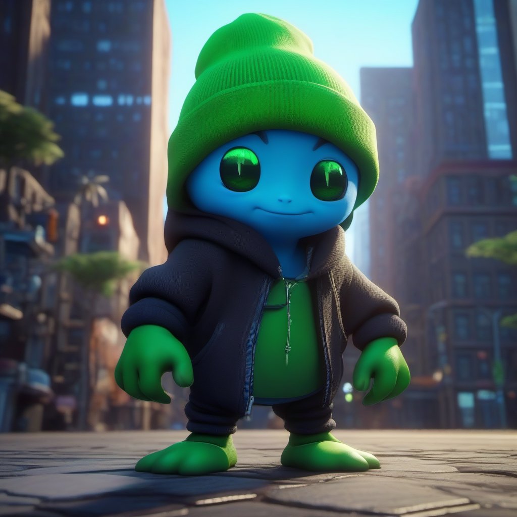 little green guy That lives in a big blue city, painted, sufficient lighting, beautiful, varities of colors, sharp focus, unreal engine,wearing a black beanie hat,jeans,hoodie, 16k UHD