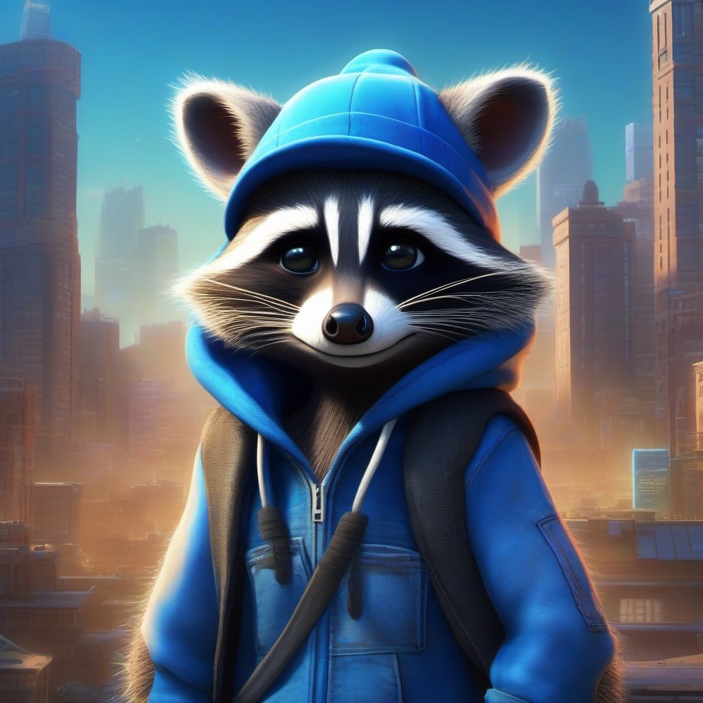 little blue boy raccoon That lives in a big blue city, painted, sufficient lighting, beautiful, varities of colors, sharp focus, unreal engine,wearing a black_ beanie hat,jeans,hoodie, 16k UHD