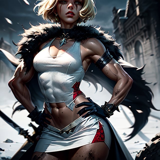 A fierce scene amidst snowy peaks, a woman with short blonde hair, (defined muscles: 1.2), weighting around 200 pounds, rushing valiantly in a worn and dirty gossamer (white short dress: 1.2), with a long fur cloak on her back. With an olive-toned complexion, she wields a broad sword in one hand and a large shield in the other, embodying strength and determination. On the background is an army of barbarians engaged in battle. All in an art style that features dark, gritty, bold imagery, and fantastical elements, capturing action and fantasy and striking contrasts,detailmaster2,more detail XL,High detailed 