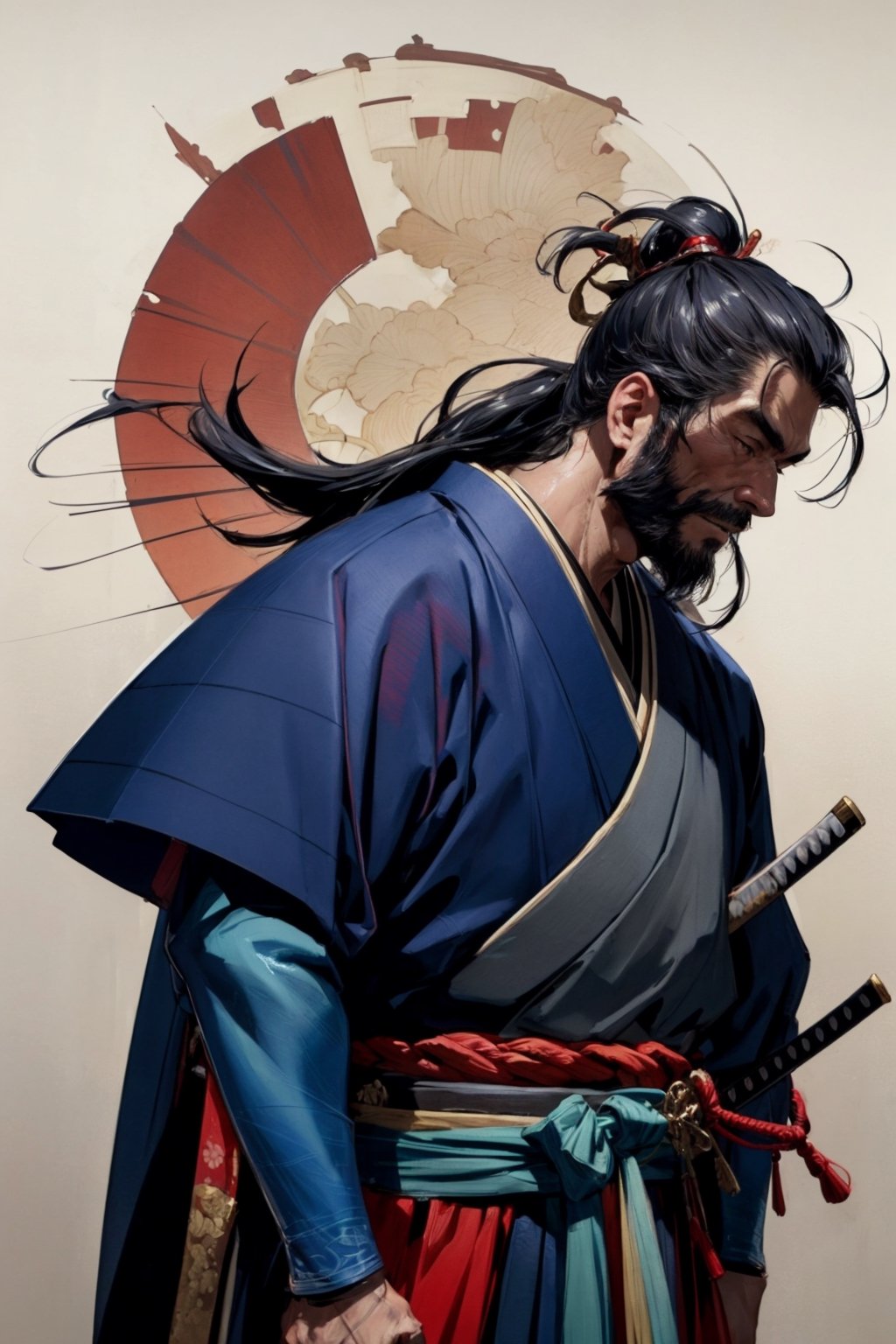 masterpeice, highest quality, realistic, subsurface scattering, cinemtic lighting,

colorized, limited color palette, detailed concept drawing, edo period, feudal japan, middle ages,

45yo 1boy, muscular, samurai, hakama, long hair, anime face,weapon