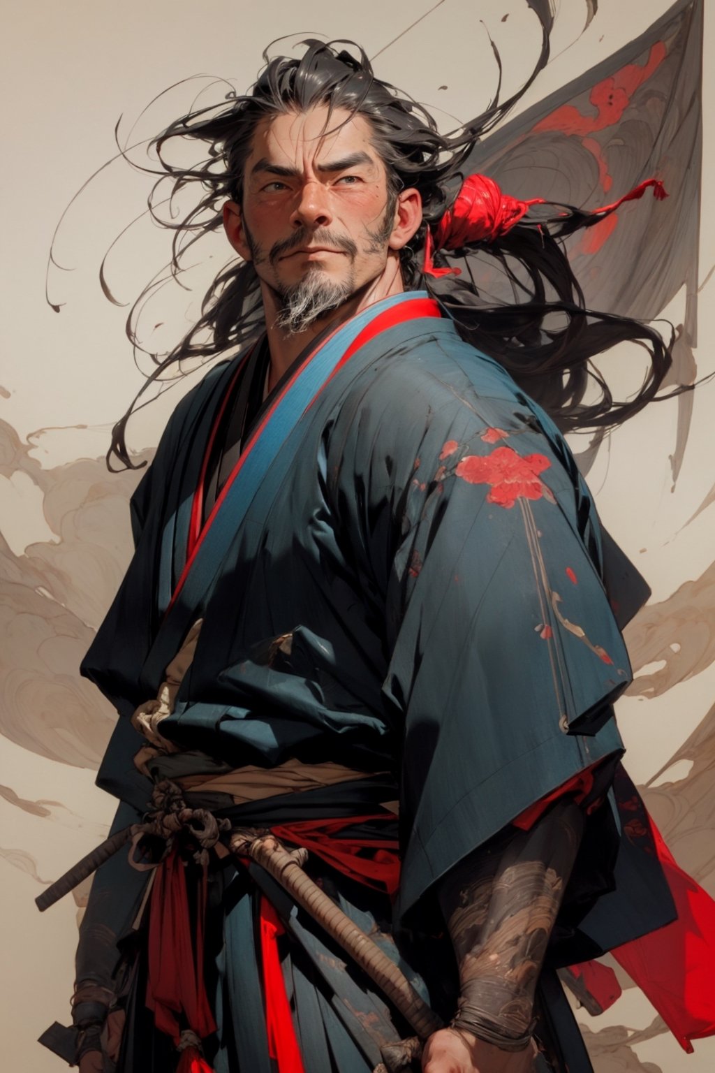 masterpeice, highest quality, realistic, subsurface scattering, cinemtic lighting,

colorized, limited color palette, detailed concept drawing, edo period, feudal japan, middle ages,

45yo 1boy, muscular, samurai, hakama, long hair, anime face,weapon