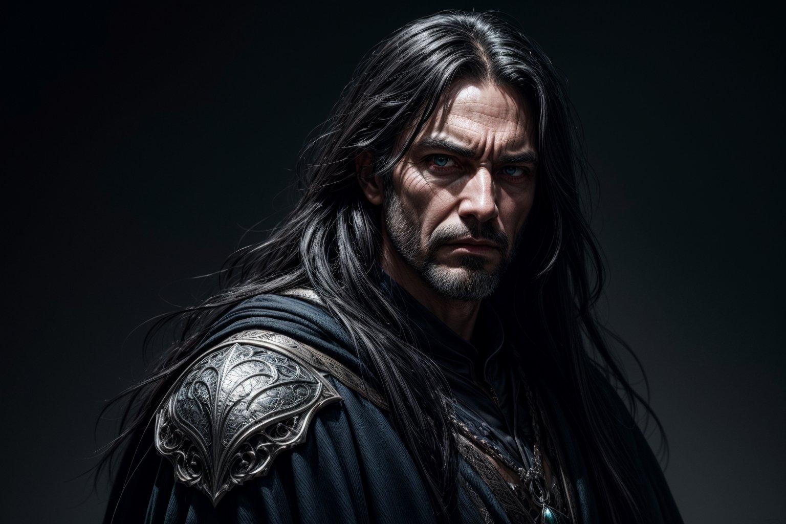 masterpiece, best quality, ultra highres, natural skin texture, 8k textures, BREAK, grizzled male wizard, a fortyfive year old man, 45 year man, tanned wethered skin, evil face, cruel, sinister, malicious, villain, anti hero, (disheveled long dark hair:1.4), green eyes, BREAK, medieval fantasy, desert background, close up shot, dark blue heavy archemage robe, wizard robe, runic patterns, BREAK, soft cinematic light, adobe lightroom, photolab, hdr, intricate, elegant, highly detailed, sharp focus, (perfect composition:1.4), concept art, ((cinematic look)), insane details, intricate details, BREAK, hyperdetailed, low contrast, soft cinematic light, dim colors, hdr, faded, hyperealistic, ((battle background)), art by brom, gerald brom