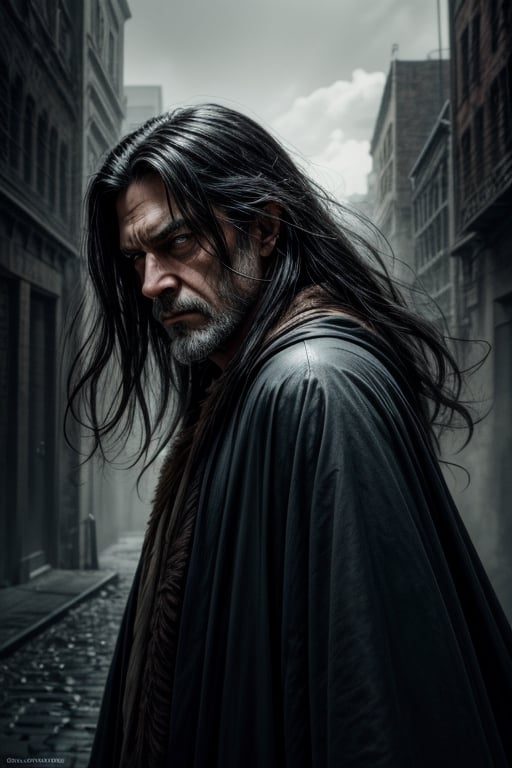 masterpiece, best quality, ultra highres, natural skin texture, 8k textures, BREAK, grizzled male wizard, a fortyfive year old man, 45 year man, tanned wethered skin, evil face, cruel, sinister, malicious, villain, anti hero, (disheveled long dark hair:1.4), green eyes, BREAK, medieval fantasy, desert background,  wide shot, dark blue heavy archemage robe, wizard robe, runic patterns, BREAK, soft cinematic light, adobe lightroom, photolab, hdr, intricate, elegant, highly detailed, sharp focus, (perfect composition:1.4), concept art, ((cinematic look)), insane details, intricate details, BREAK, hyperdetailed, low contrast, soft cinematic light, dim colors, hdr, faded, hyperealistic, ((battle background)), art by brom, gerald brom