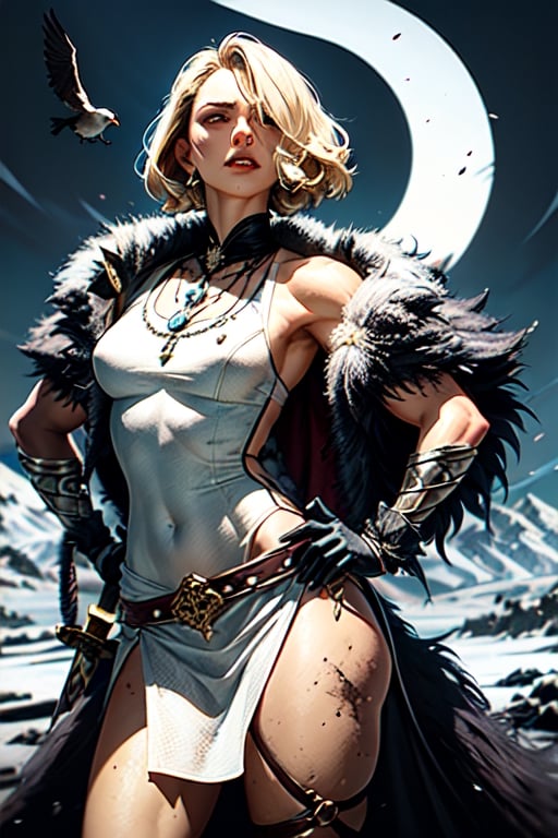 A fierce scene amidst snowy peaks, a woman with short blonde hair, (defined muscles: 1.2), weighting around 200 pounds, rushing valiantly in a worn and dirty gossamer (white short dress: 1.2), with a long fur cloak on her back. With an olive-toned complexion, she wields a broad sword in one hand and a large shield in the other, embodying strength and determination. On the background is an army of barbarians engaged in battle. All in an art style that features dark, gritty, bold imagery, and fantastical elements, capturing action and fantasy and striking contrasts,detailmaster2,more detail XL,High detailed 