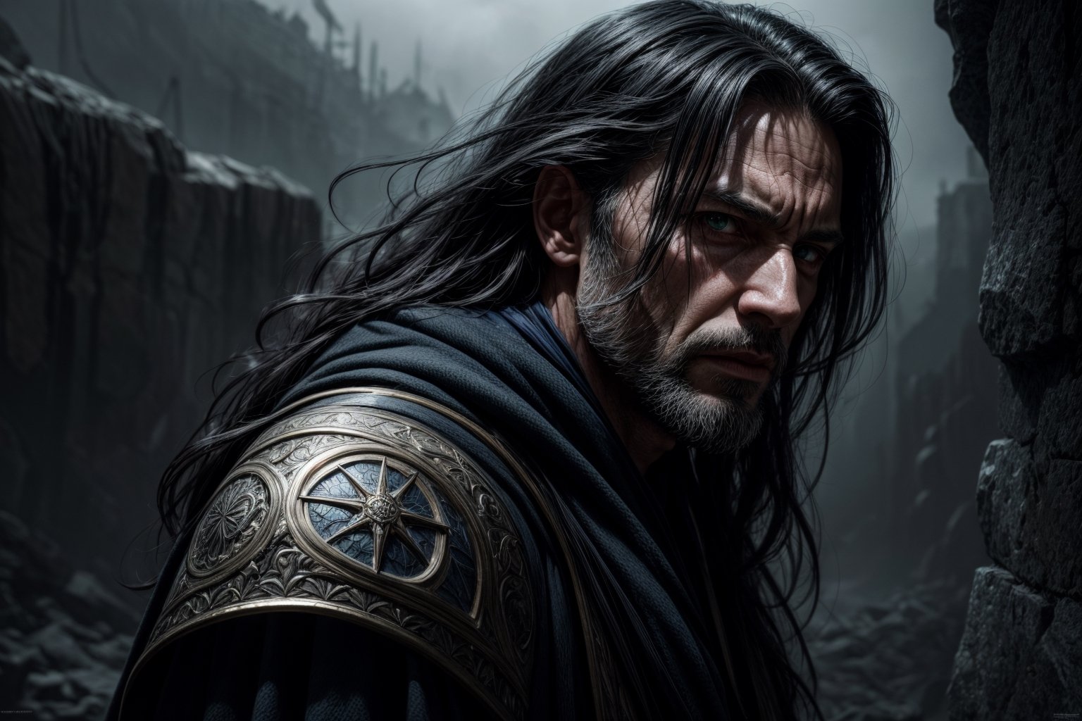 masterpiece, best quality, ultra highres, natural skin texture, 8k textures, BREAK, grizzled male wizard, a fortyfive year old man, 45 year man, tanned wethered skin, evil face, cruel, sinister, malicious, villain, anti hero, (disheveled long dark hair:1.4), green eyes, BREAK, medieval fantasy, desert background, close up shot, dark blue heavy archemage robe, wizard robe, runic patterns, BREAK, soft cinematic light, adobe lightroom, photolab, hdr, intricate, elegant, highly detailed, sharp focus, (perfect composition:1.4), concept art, ((cinematic look)), insane details, intricate details, BREAK, hyperdetailed, low contrast, soft cinematic light, dim colors, hdr, faded, hyperealistic, ((battle background)), art by brom, gerald brom