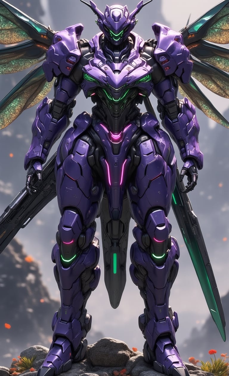 reality photo,3D figures,A futuristic warrior robot, forged from the armor of an extraterrestrial behemoth, stands majestically amidst a mystical backdrop. Mainly purple and adorned with translucent green chest armor, its flowing curves evoke organic design. Twin pink sensors glow on either side of its head, where a single plate-like antenna extends from the back, splitting into two at the tip. Two claws adorn its sleeves, while a hero's sword hangs at the ready in its hand. Its legs seamlessly integrate with a hovering base, giving the illusion of weightlessness. Iridescent insect-like wings stretch from its back, punctuated by three sharp claws on its feet, exuding strength. Soft, ethereal lighting highlights the robot's complex textures and armored beast elements against a misty, otherworldly landscape.Detailed 3D rendering,real robot,