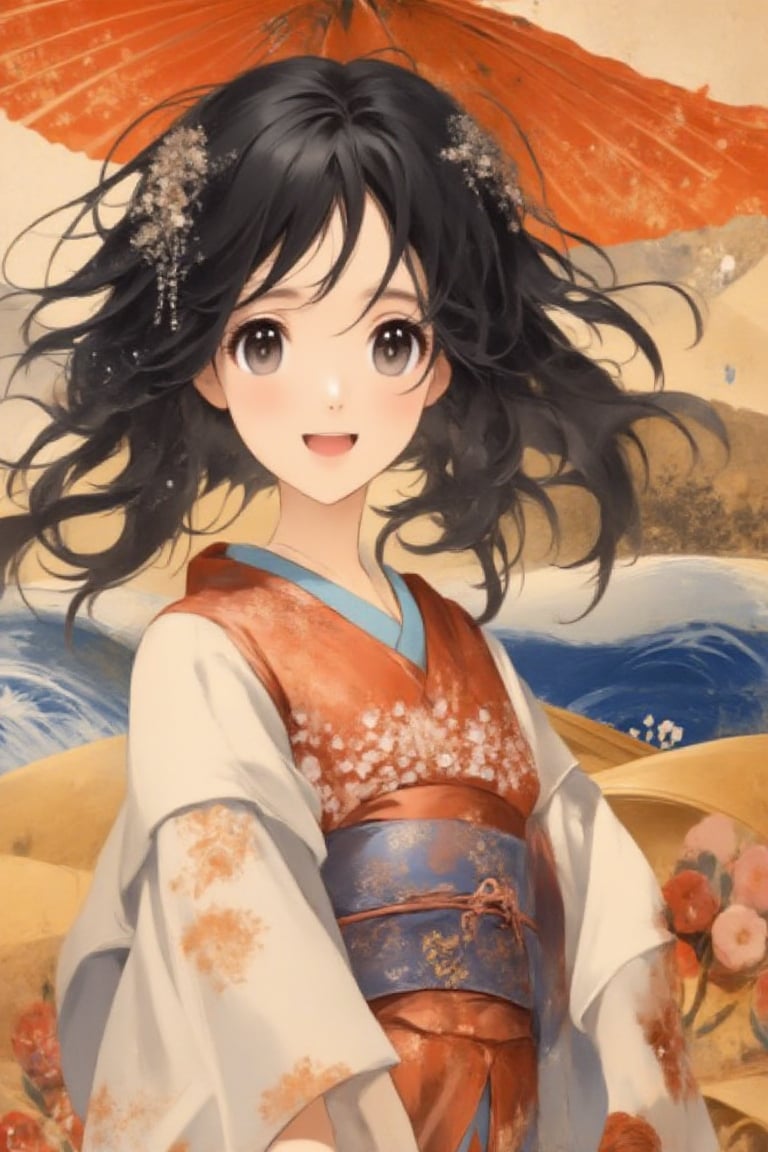 One girl, simple background, Japanese pattern background, art parody, looking at the viewer, smiling, happy, mouth open, long hair, black eyes, black hair, kimono, obi, hair accessory, oil painting style, masterpiece quality, stunning image,Oil painting style,Anime style,Oil painting style 