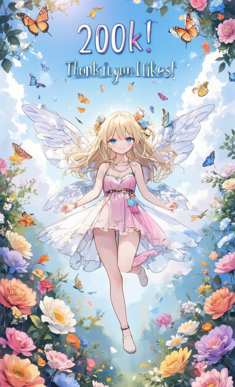 A blonde-haired, blue-eyed fairy is dancing in a fantastical garden filled with beautiful flowers. With transparent wings, she flies lightly among the colorful flowers. Shiny butterflies and small birds gather around the fairy, creating a joyful atmosphere. A blue sky and soft clouds spread out in the background, and the sunlight illuminates the flowers. Written in large, cute font in the center of the screen are the words "200K!! Thank you for likes!" ,acryli painting,Anime style