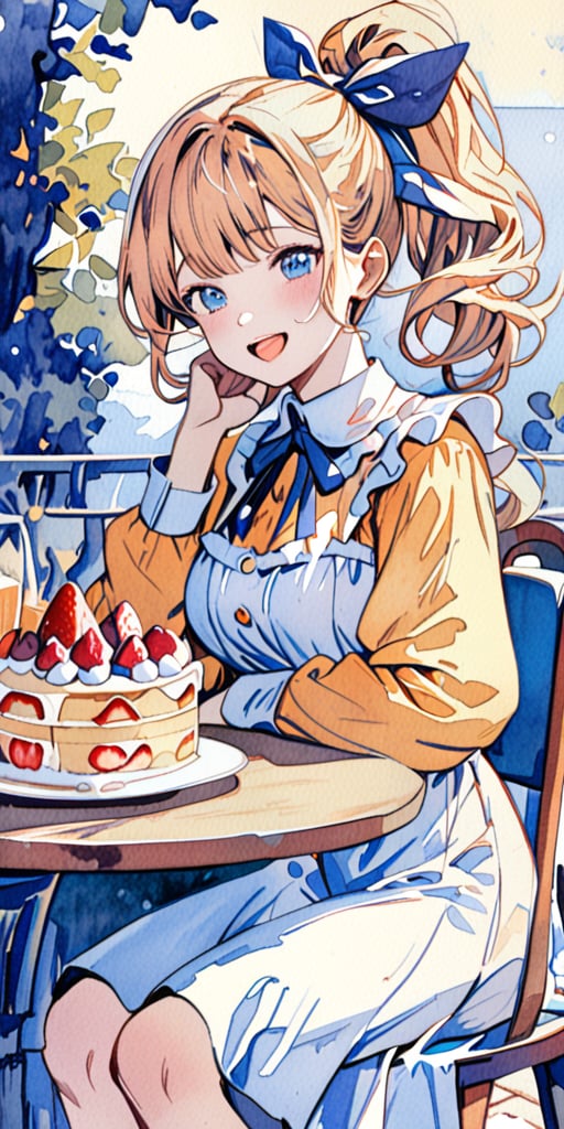 masterpiece, top quality, aesthetic, (watercolor style: 1.7), 1 woman, solo, long hair, looking at viewer, smiling, happy, open mouth, bangs, blue eyes, blonde hair, dress, long sleeves, off-shoulder dress, ribbon, holding, sitting, hair ribbon, , ponytail, :d, heart, frill, food, glass, straw, red ribbon, neck ribbon, fruit, chair, table, holding food, plate, orange juice, cake, strawberry, fork, holding fork,watercolor \(medium\)