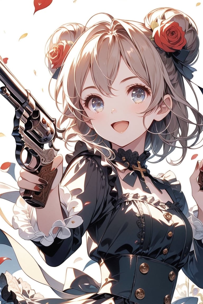 Masterpiece, beautiful details, perfect focus, uniform 8K wallpaper, high resolution, exquisite texture in every detail, girl with two pistols. She wields two weapons, a black revolver. Her muzzle is pointing towards me. Beautiful eyes, clear eyes, smile, brown hair, happy open mouth, hair in a bun, highly detailed and high quality illustrations. Simple background. White background. Ruffles, black dress, petals, roses, ruffle dress, cross, red flowers, lolita fashion, red roses, gothic lolita. Upper body, top quality, aesthetic, dual wielding