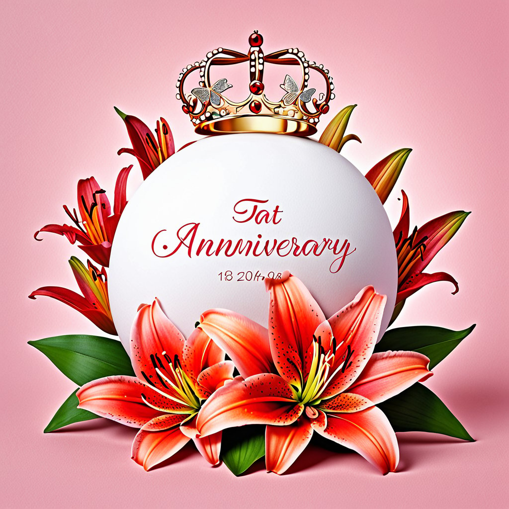 (Top quality, 8K, high resolution, masterpiece), ultra detailed, simple background, flowers, sphere, pastel pink background, (text "TA 1st Anniversary"): 1.5), lily, crown, butterfly, red flower, red lily