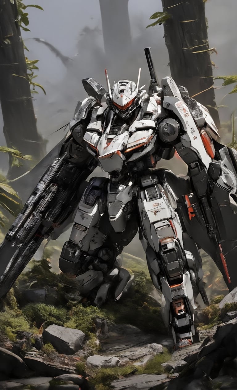 Masterpiece, plastic model, robot figure, recreates a diorama of a scene of hiding and scouting in the forest. Equipped with twin eyes, glowing eyes, crouching, kneeling, trees, lush vegetation, large Gatling gun and shield. The robot is painted in white and red color scheme. Damage expression is added to enhance the sense of realism. The magnificent texture of the stunning 3D rendering is enhanced by several metal textures. The blurred light gray background and bright lighting make the subject stand out even more. Real robot, resin,real robot,resin,epic mecha