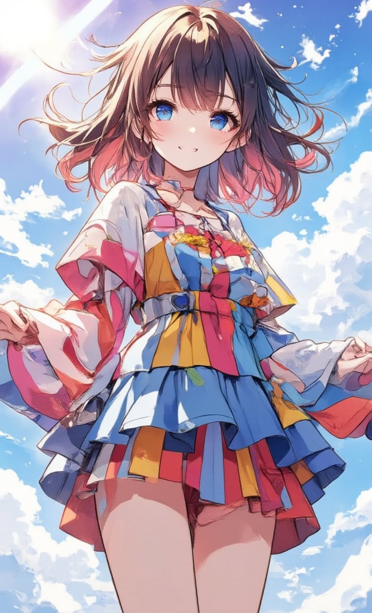 A smiling girl wears a colorful tunic and spreads her hands. Her hairstyle is half-up, and her hair color is a gradation of red. Drawn in clipping art style, camera angled from above. In the background is a blue sky and white clouds, and the lens effect refracts the light, illuminating her surroundings with soft natural light. ,colored pencil drawing,Anime style