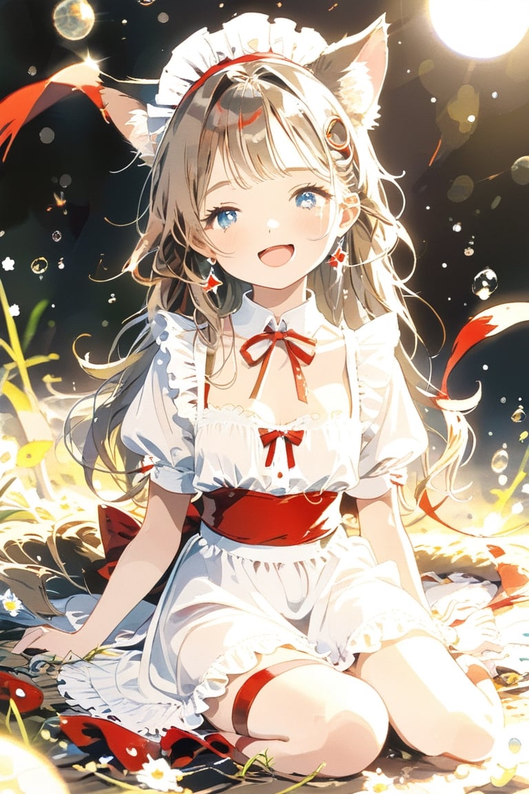 Masterpiece, highest quality, aesthetic, traditional media,
break
\\character
  1 Girl, Solo, Looking at camera, Blue eyes, Clear eyes, Smile, Happy, Open mouth, (Fluffy cat ears: 1.1), Cheeks, Ahoge, Brown hair, Single braid, (Red inner hair: 1.3 ), (straight bangs: 1.5), ((big red ribbon: 1.5)), (crescent-shaped hair ornament: 1.3), chest, middle chest, cleavage, crystal earrings,
break
Looking at the viewer, blush, bangs, black background, looking at the viewer, bangs, dress, bow,, sitting, flowers, short sleeves, ruffles, apron, maid, maid headdress, thigh straps, between the legs, Maid apron, hand between legs