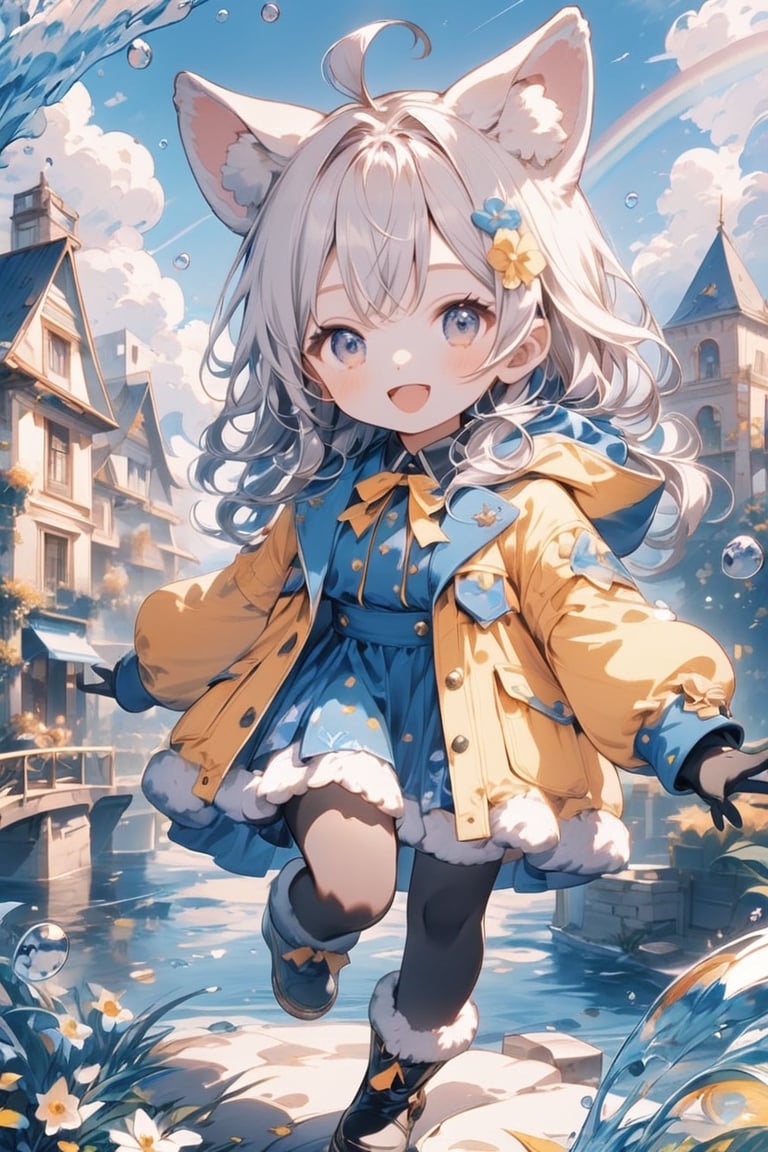 Masterpiece, beautiful details, perfect focus, uniform 8K wallpaper, high resolution, exquisite texture in every detail,
1 girl, solo, long hair, looking at viewer, blushing, smile, open mouth, bangs, blue eyes, ahoge, long sleeves, hat, dress, animal ears, standing, jacket, :d, white hair , pantyhose, boots, outdoors , sky, day, black gloves, fangs, clouds, virtual YouTuber, hood, water, chibi, black footwear, blue sky, black pantyhose, fur trim, standing on one leg, building, fluffy long sleeves, hooded bubble, water drop, animal hood, rainbow, animal hat