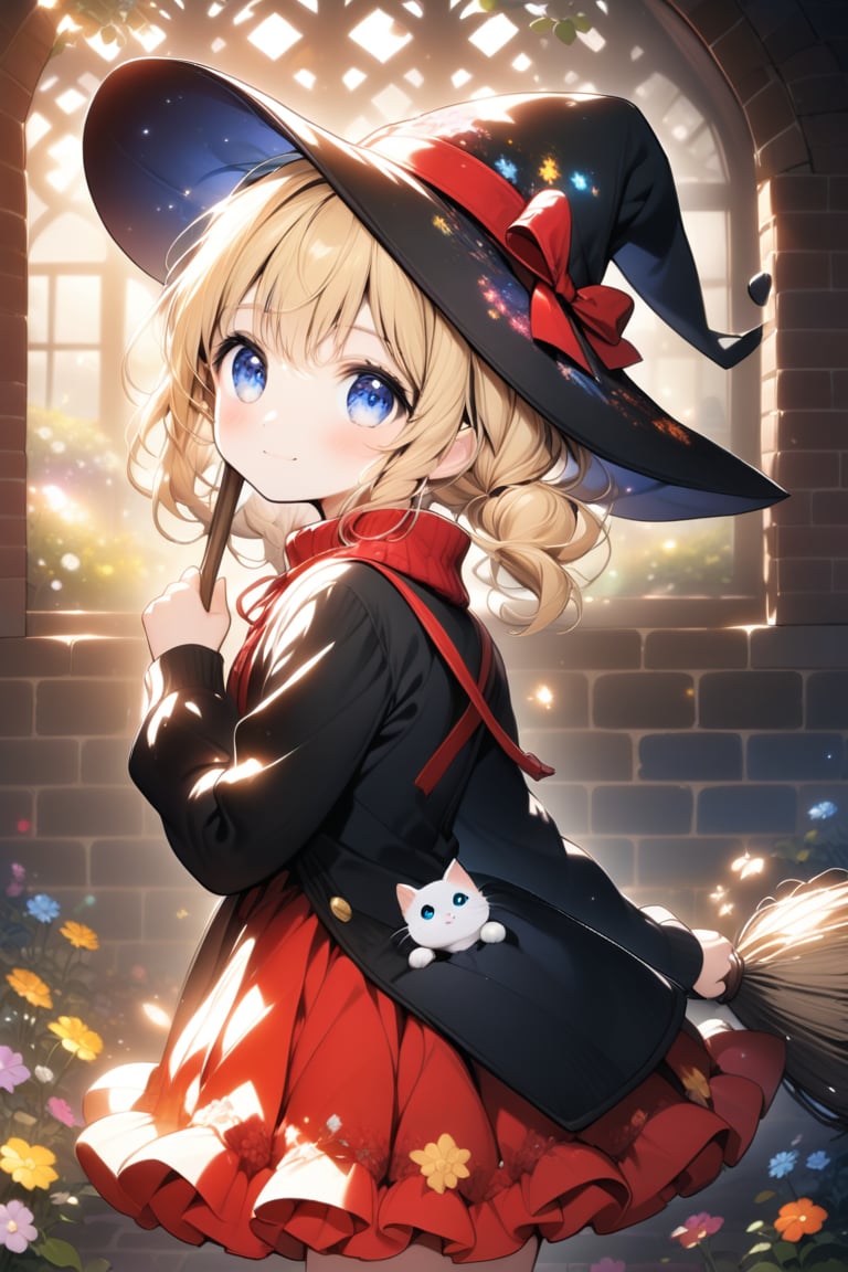 A cute cartoon-style witch with blonde hair and blue eyes, showing a confident expression. She wears a black hat with a red ribbon, holds a broom in her right hand, and rests her left hand on the broomstick. His right hand is in his pocket, and a black cat with a red collar is sitting next to him. In the background, colorful flowers are blooming in front of an old brick wall, and the words "200K!! Thank you for the likes!" appear surrounded by warm light. This scene invites the viewer into a magical world. Detail,ink paint