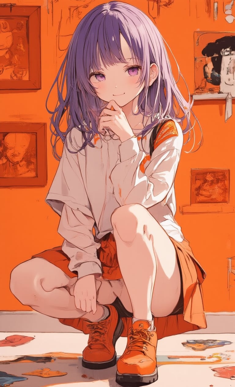 A smiling girl is posing on one knee with an orange wall in the background. She has straight purple hair with bangs that gently frame her face. She is wearing a top and skirt with a modern design, and orange shoes can be seen on her feet. The camera is angled from above, highlighting her bright smile and fashion sense. The room is surrounded by orange artwork, and the walls are decorated with paintings she has drawn herself. Her expression exudes confidence and creativity, giving the feeling of being drawn into the world of art. ,Anime style,acryli painting