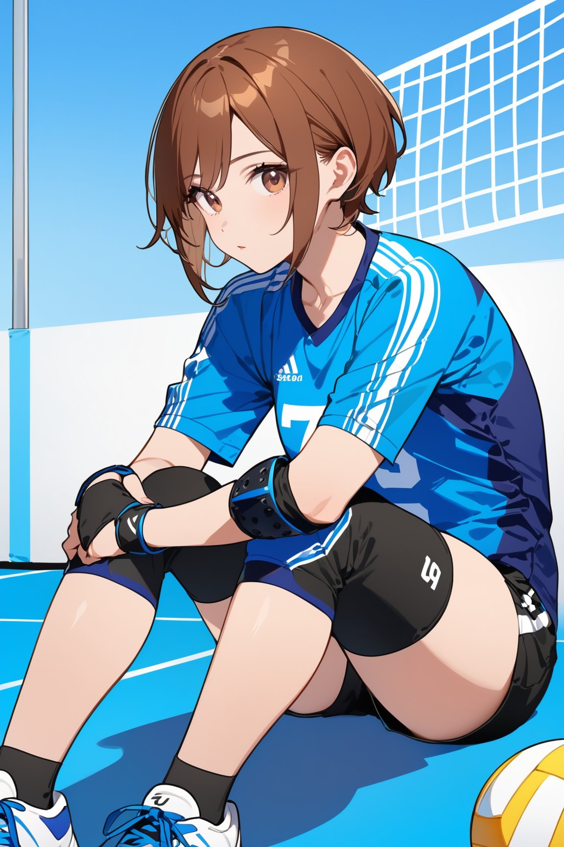 Masterpiece, Top Quality, Aesthetic, Score 9 Up, Score 8 Up, Score 7 Up, Score 6 Up, 1 Female, Solo, Short Hair, Brown Hair, Shirt, Brown Eyes, Sitting, Shorts, Black Shorts, Blue Shirt, Ball, Sportswear, Knee Pads, Elbow Pads, Hands on Own Knees, Volleyball, Volleyball Uniform, Jersey,flat style