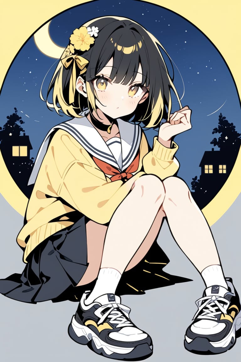 Masterpiece, Top Quality, Beautiful Feeling, One Girl, Solo, Looking at Viewer, Short Hair, Bangs, Skirt, Blonde Hair, Black Hair, Hair Accessory, Long Sleeves, Ribbon, Jewelry, Sitting, Mouth Closed, School Uniform, Full Body, Yellow Eyes, Flowers, Hair Ribbon, Multicolored Hair, Sky, Shoes, Sailor Suit, Choker, Socks, Hair Flower, Black Skirt, Sailor Collar, Black Footwear, Night, Moon, Cardigan, White Socks, Crescent Moon, Sneakers, Stars \(Sky\), Knees Up, Starry Sky, Crescent Moon, Yellow Theme,flat style