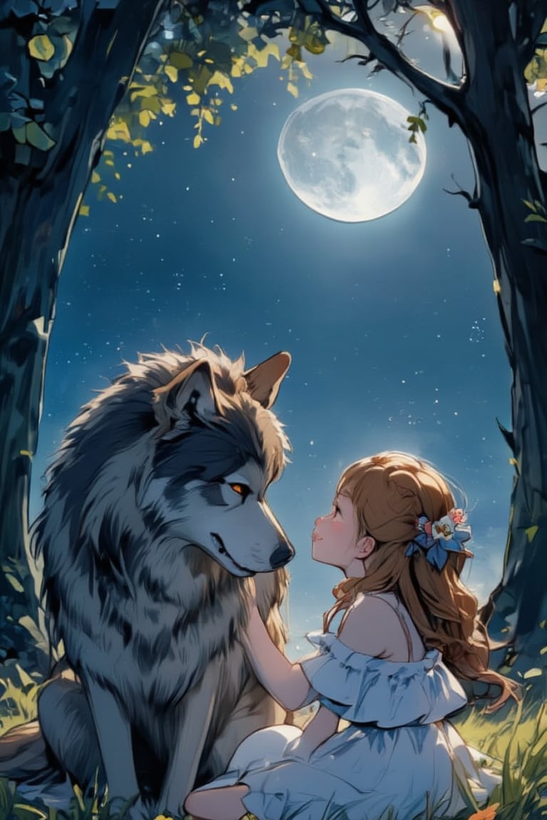 In a serene 8K masterpiece, one girl sits outdoors under the radiant full moon. Her long, wavy hair cascades down her back like a river of gold, with braids adorned by flowers. She wears a flowing white dress and wide sleeves, cinched at the wrist. Her eyes are closed, and a gentle smile spreads across her face. A big wolf sits beside her, its fur glistening in the moonlight as she strokes it softly. The camera captures her profile from the side, framed by a majestic tree and the lush grass. The night sky above is a canvas of twinkling stars, with the half-illuminated moon casting a silver glow on her serene features.,Frozen,watercolor painting,anime style