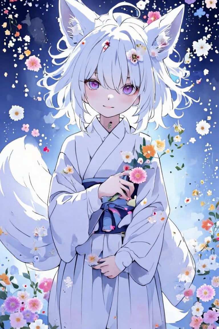 Masterpiece, great image, 8K, simple background, Japanese pattern background, one girl, solo, (the girl herself is luminous)
, (bioluminescent), (glowing), looking at the viewer,smile, bangs, skirt, hair accessory, long sleeves, ribbon, hug, animal ears, hair between the eyes, purple eyes, tail, flowers, white hair, kimono, hair flower, wide sleeves, kimono, animal ear fluff, flower petals, fox ears, fox tail, white flower, fox girl, hakama, hakama skirt, pink flower, white kimono, holding a flower, --ar 3:4,--niji6,acryli painting,fluxtration