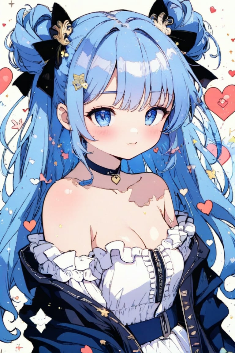 masterpiece, best quality, aesthetic, one girl, solo, long hair, looking at viewer, blush, bangs, blue eyes, dress, bow, ribbon, bare shoulders, closed mouth, blue hair, collarbone, jacket, hair ribbon, upper body, heart, frills, open clothing, sleeveless, virtual youtuber, off shoulder, open jacket, two side up, v shaped eyebrows, head tilted, sleeveless dress, blue dress, white jacket, :t, pouting