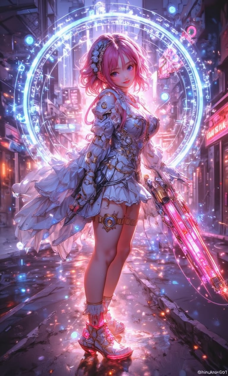 A smiling girl has bright pink short hair and is wearing an LED light hair ornament. She wears a suit with a futuristic design and carries a cyber weapon. The background has simple urban colors, and inside the circle is a double exposure of a neon-lit cyber city scene. The camera approach is from a high angle, emphasizing dynamic poses, adding lighting effects, and digital effects scattered around. .,fantasy girl,cool_Anime,VNS_Add more details