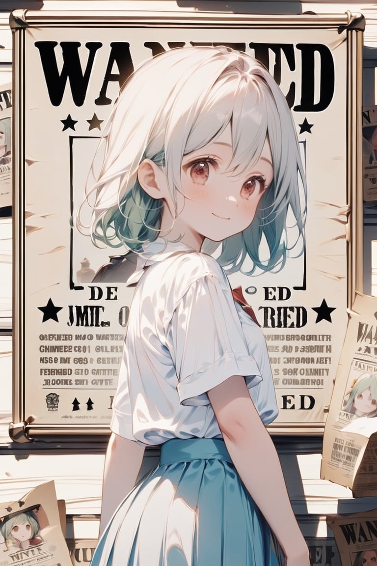 //Quality Masterpiece, Top Quality, Aesthetic, //Character 1 Girl, (Beautiful Red Eyes: 1.0), Big Eyes, Eager Eyes, Mint Green Hair, Smile, //Background Wanted, Shirt, Skirt, Front View Faces, profiles, wanted posters, old paper, tanned paper, paper that says ''CUTE ''