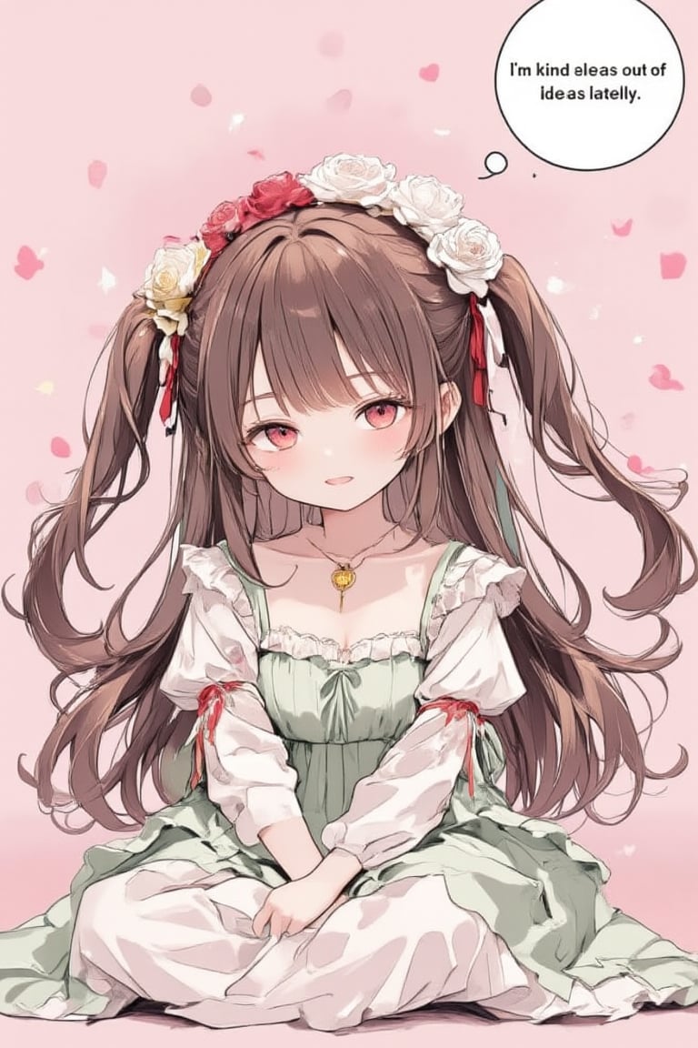 One girl, solo, long hair, looking at viewer, blushing, smiling, twisted smile, open mouth, bangs, simple background, pink background, brown hair, red eyes, long sleeves, dress, ribbon, sitting, very long hair, collarbone, :d, heart, headband, ruffles, detachable sleeves, fangs, puffy sleeves, hands up, pastel green dress, red ribbon, two side up, feet out of frame, ruffled dress, knees up, white sleeves, large speech bubble reading "I'm kind of out of ideas lately.",acryli painting,Anime style,Made of adrr-zllj,Made in abyss manga