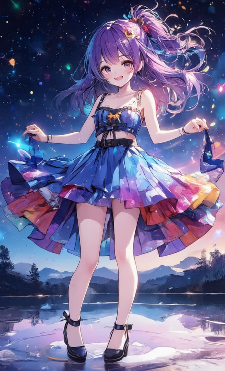 A smiling girl is dancing wearing a colorful skirt. Her hair is in a ponytail and her hair color is bright purple. Drawn in clipping art style, camera shot from a low angle. In the background, the stars shine in the night sky, the lens effects make the starlight sparkle, and a fantastical light surrounds her. ,acryli painting,colored pencil drawing,Anime style