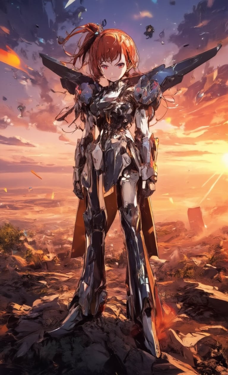 High-angle shot of a stunning mecha girl standing on a ravaged battlefield at sunset. She wears a sleek, orange-haired ponytail and piercing blue eyes, her closed mouth exuding determination. The surrounding sky is ablaze with vibrant hues as light particles dance through the air, refracting off water droplets suspended in mid-air. Her mecha armor glistens, reflecting the fiery sky's intensity. Full-body shot captures her striking figure, a true masterpiece in 8K resolution.,acryli painting