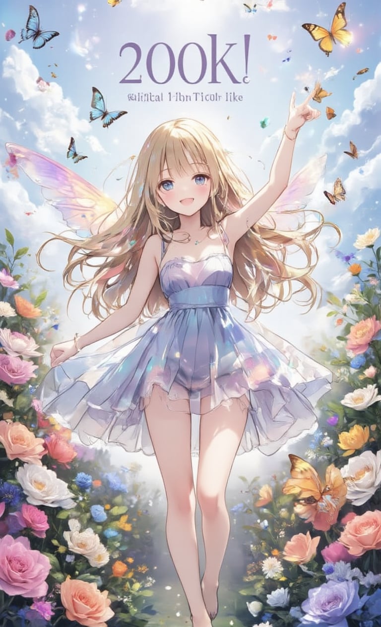 A lovely fairy with blonde hair, blue eyes and a smile is dancing in a fantasy garden full of beautiful flowers. With her transparent iridescent wings, she flies lightly among the colorful flowers. Shiny butterflies and birds gather around the fairy, creating a joyful atmosphere. She is wearing a mini dress with overlapping frills, and in the background there is a blue sky and soft clouds, with sunlight shining on the flowers. In the center of the screen, the text "200K!! Thank you for the likes!" is written in large (cute) font.,acryli painting,Anime style