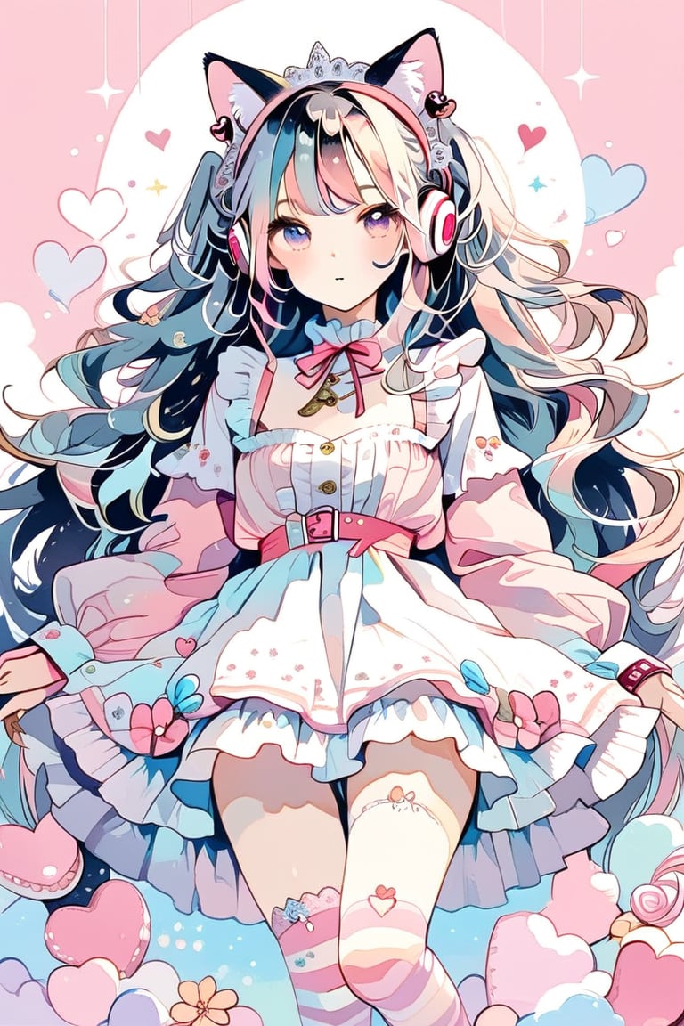 One girl, Vtuber anime character design, Love Peace Ice Cream!, an overly maximalist Vtuber character dressed in a super decorative pink lolita fashion. Her anime-style face features huge, sparkling eyes in gradient pastel colors, surrounded by incredibly long eyelashes. Her multi-layered hair cascades down in a flurry of pastel pink, purple, and blue, and is adorned with an excess of ribbons, flowers, and sparkly accessories. She wears a frilly cupcake-shaped dress in different shades of pink, covered in lace, ribbons, and frills. The dress is further decorated with candy motifs, stuffed toys, and a miniature tea set. Multiple petticoats peek out from underneath, each a different shade of pink. She wears striped stockings and platform shoes with heart-shaped buckles. Numerous bracelets, rings, necklaces, tiaras, and cat-ear headphones adorn her. The background is a dizzying collage of pastel colors.,flat style,dal-6 style,txznf