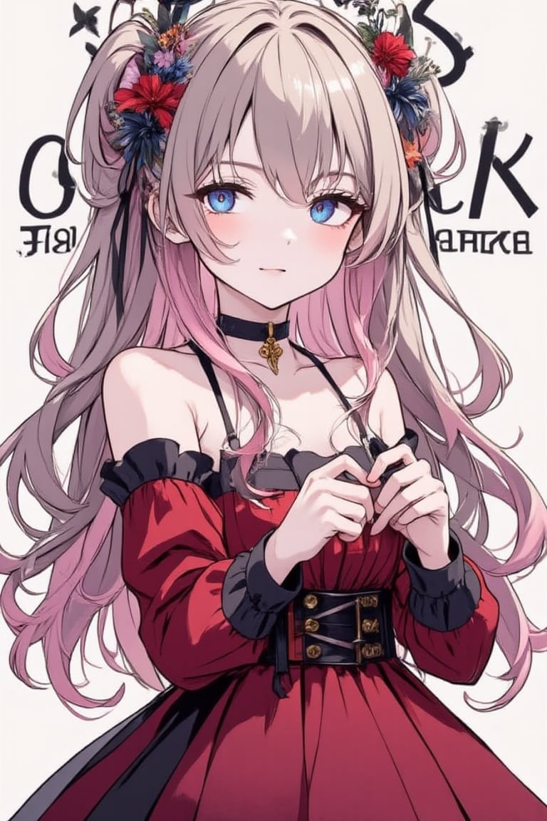 masterpiece, stunning image, 8K, one girl, solo, long hair, smiling, looking at viewer, bangs, blue eyes, hair accessory, long sleeves, off-shoulder dress, ribbon, holding, jewelry, light brown hair, pink hair, braids, flower, hair ribbon, hair flower, red dress, English text, cross, lolita fashion, gothic lolita,acryli painting