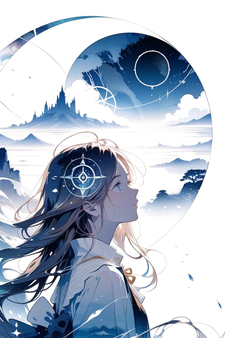 Silhouette of a girl with long hair filled with scenery from another world, fantastic scenery from another world, close-up, double exposure, white background, magic circle,