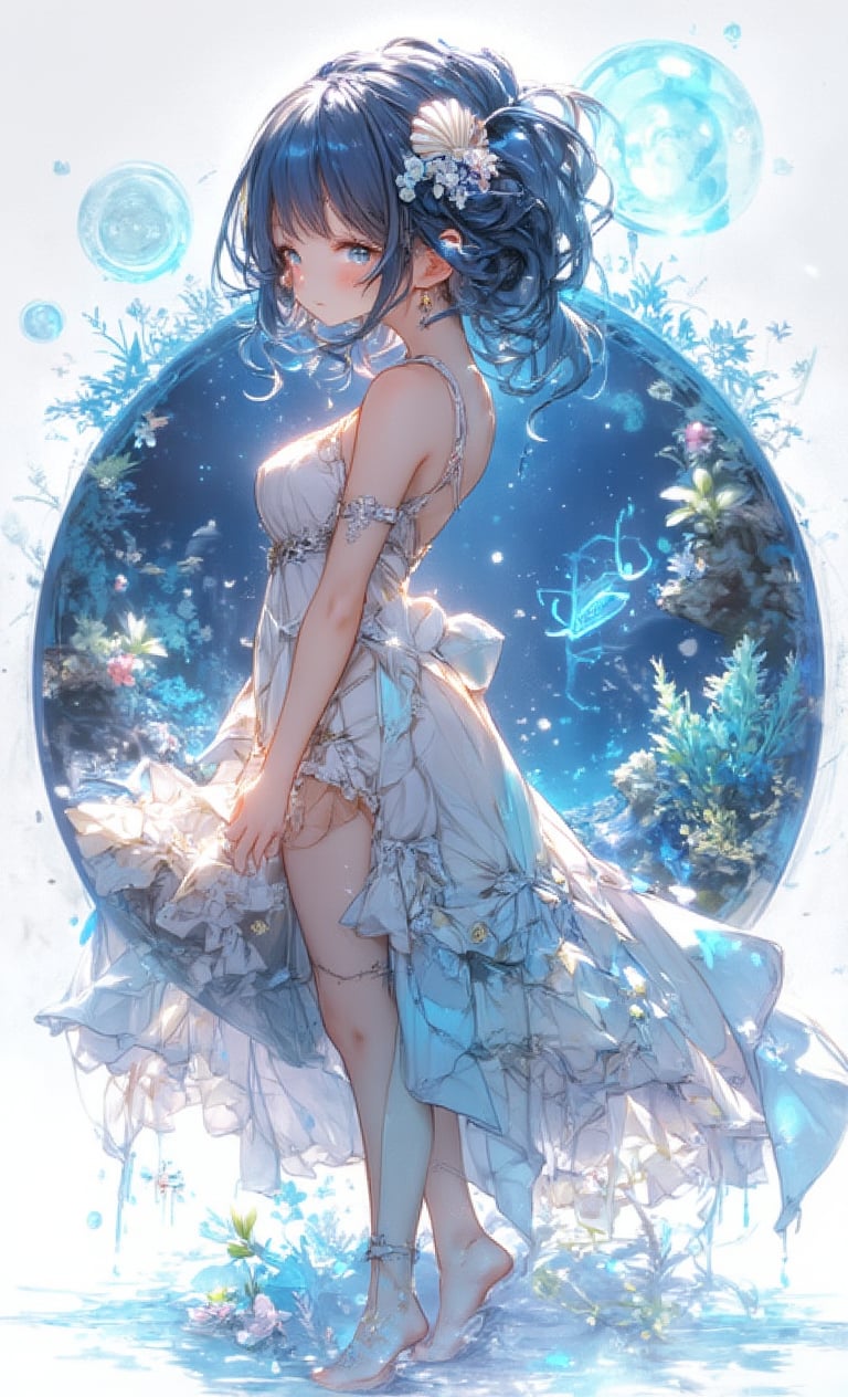 A cute smiling girl has wavy blue hair and is wearing a seashell hair ornament. She is wearing a white bikini-style dress and is surrounded by glistening fish in the crystal clear ocean. The background is a simple water tone, and inside the circle is a double exposure of a beautiful coral reef scene. The camera is angled from underwater, adding a light refraction effect and a bubble effect floating around. .,fantasy girl,cool_Anime